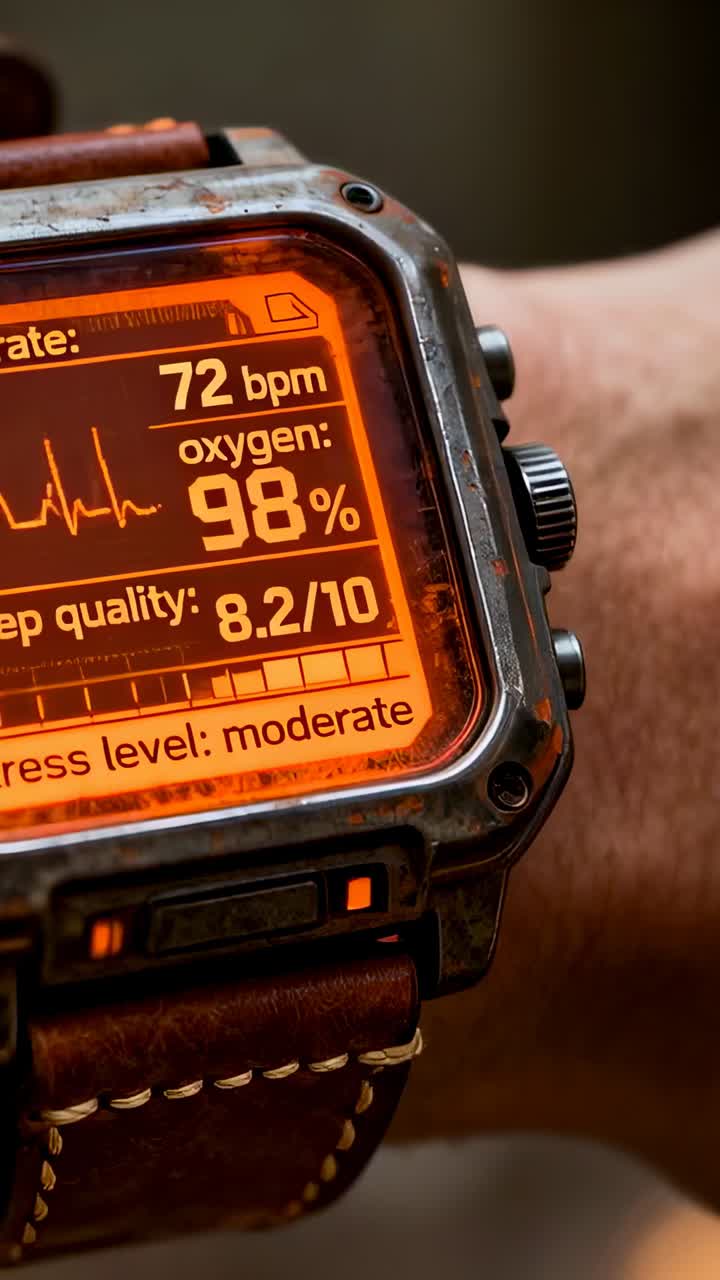 Vertical video: Camera tightening on rugged watch showing ECG and oxygen drop in room to show bezel