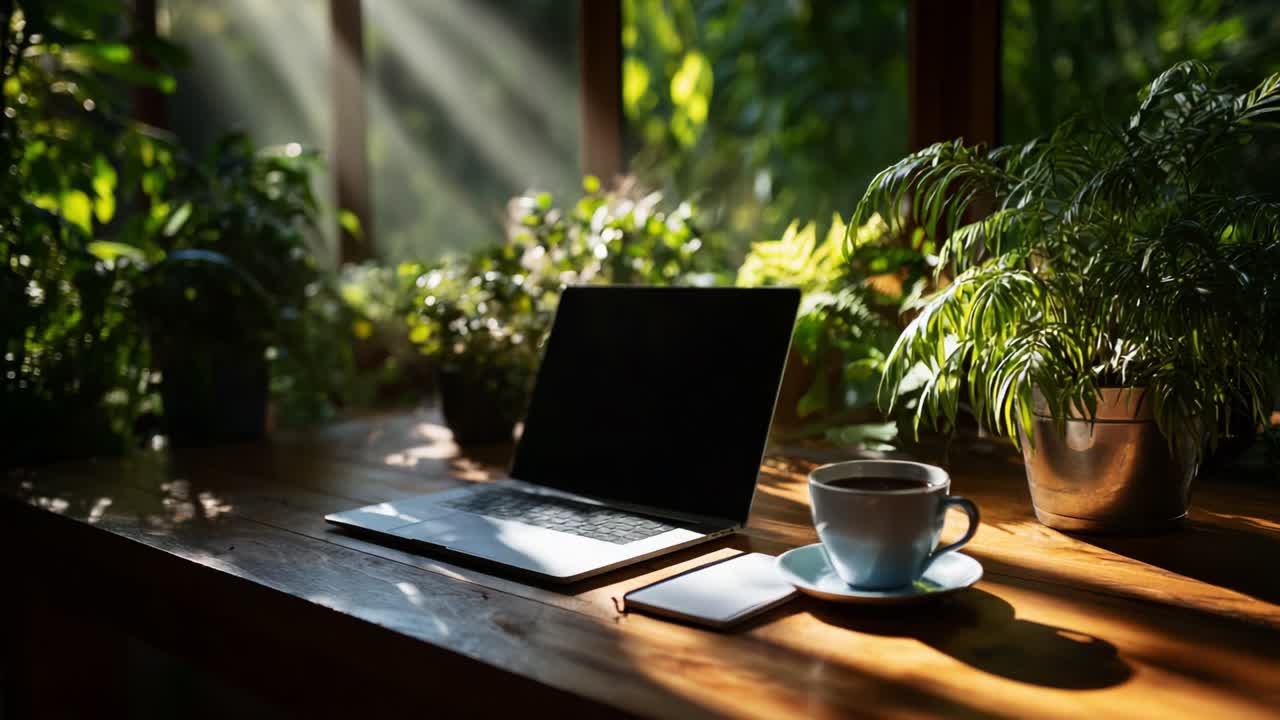 A Serene Workspace: A Beautifully Arranged Desk with a Laptop, Coffee Cup, and Lush Green Plants, Bathed in Soft Natural Light, Perfect for Productivity and Relaxation in a Refreshing Environment