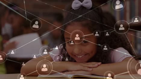 Animation-of-networks-of-connections-over-schoolgirl-in-classroom