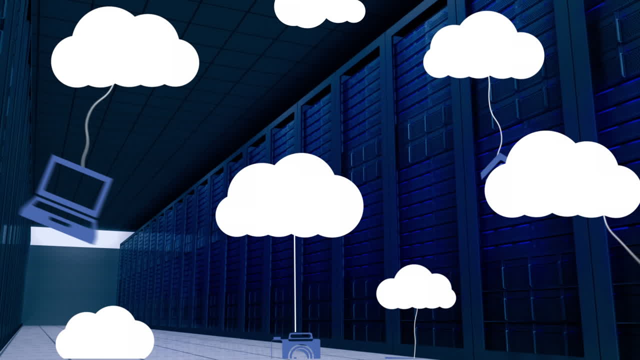 animación de nubes digitales con iconos sobre servidores de computadoras
