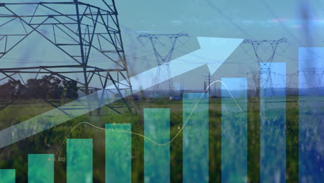 power grid being visualized over green field showing growing charts and towers flat design