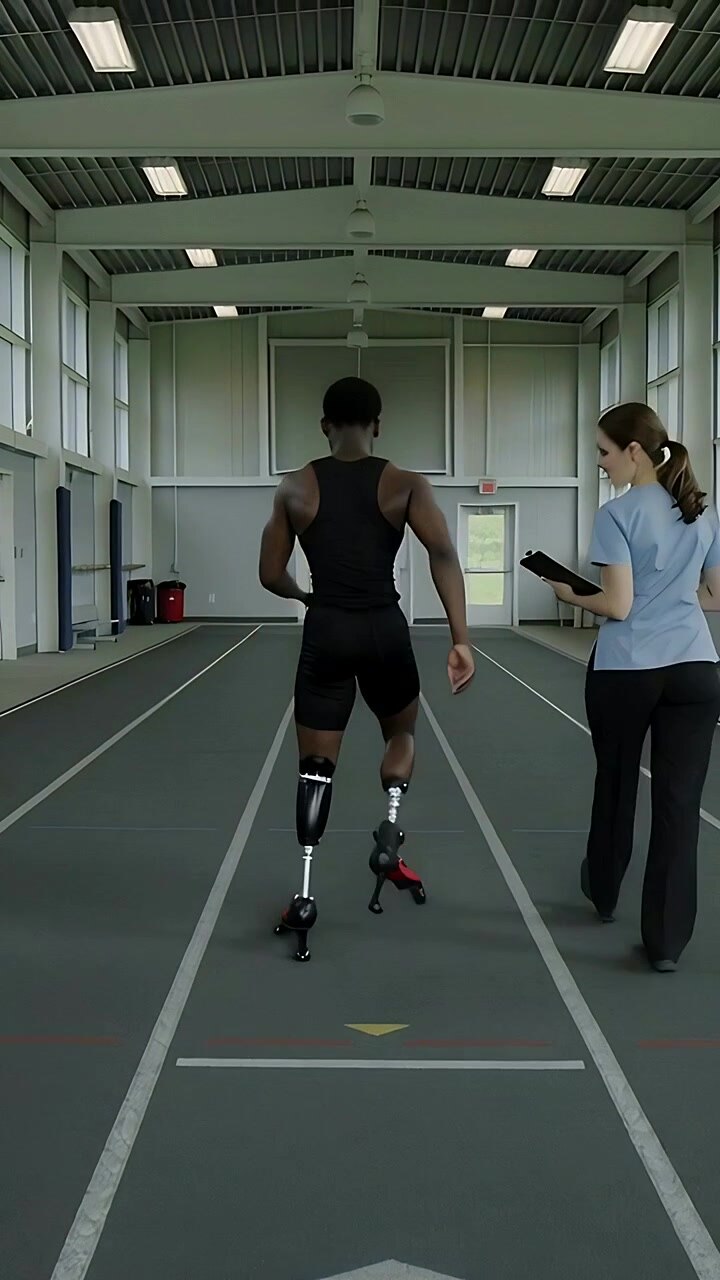 Vertical video: Starting man in black kit running with blades in hall for gait, PT noting clipboard