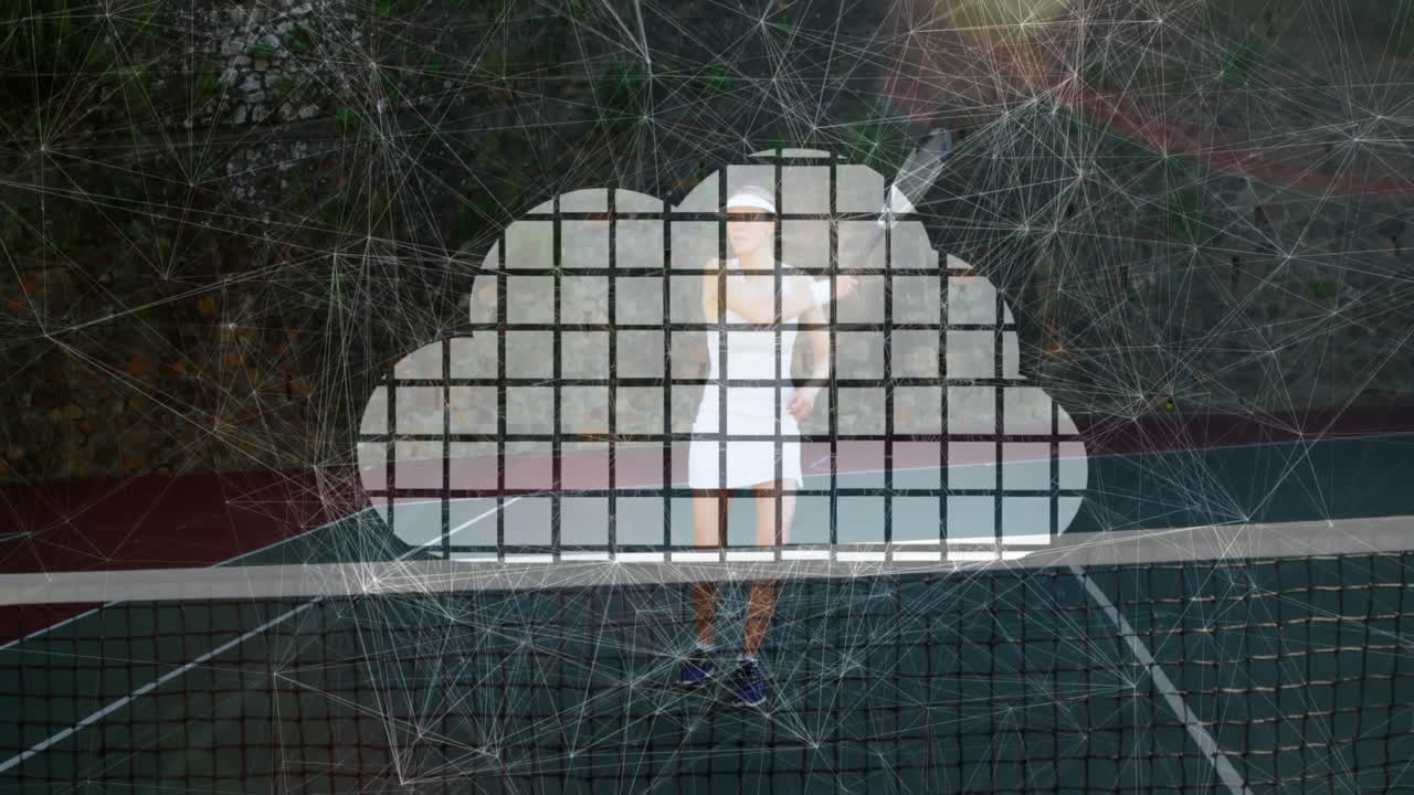 female tennis player standing behind net on green court, interacting with digital cloud network