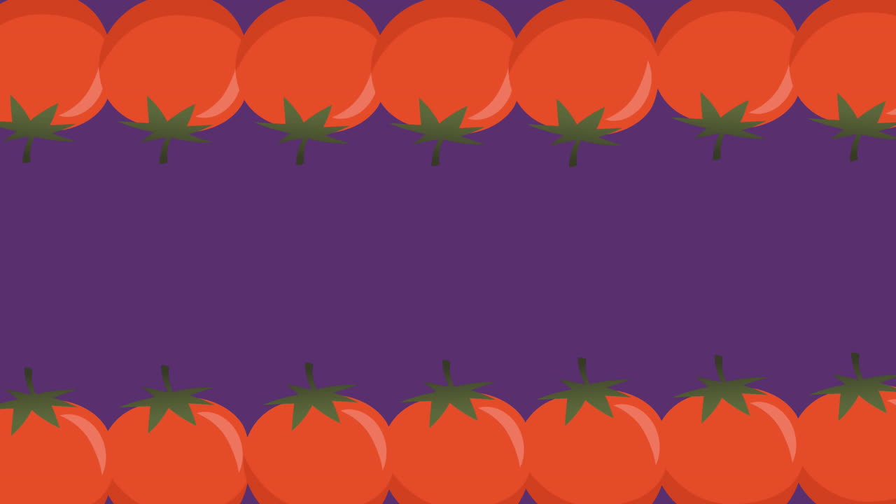 animación de dos filas de tomates rojos que se mueven en la parte superior e inferior del fondo púrpura