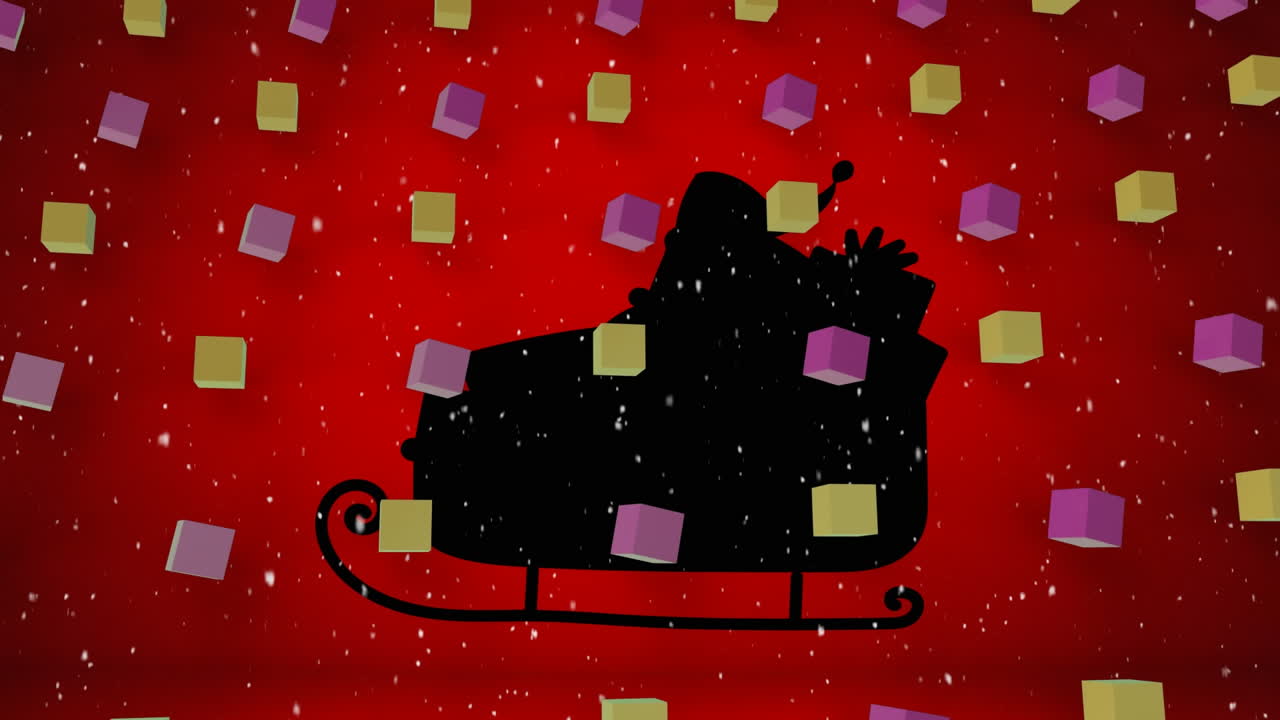 animación de cubos y nieve cayendo sobre santa claus en trineo sobre fondo rojo