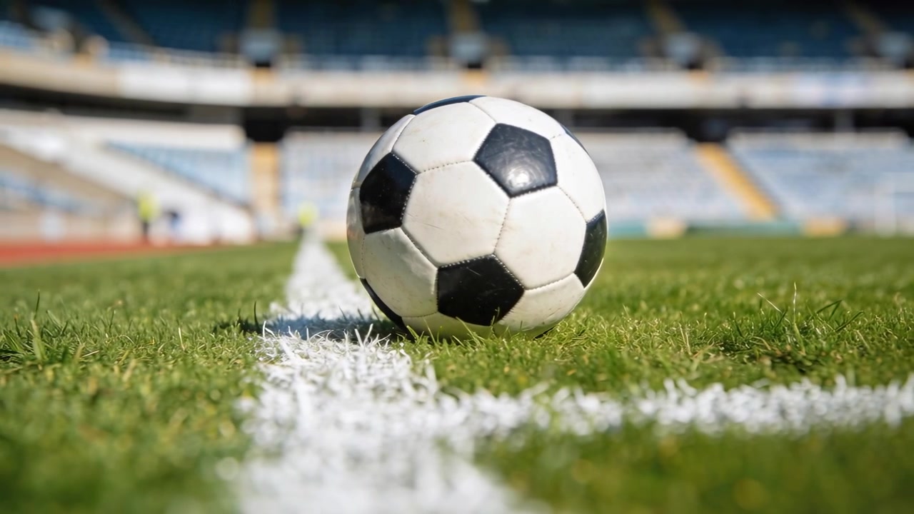 Kamera bevæger sig ind på en sort-hvid fodbold, der roterer, mens den er centreret på en hvid linje på stadion.