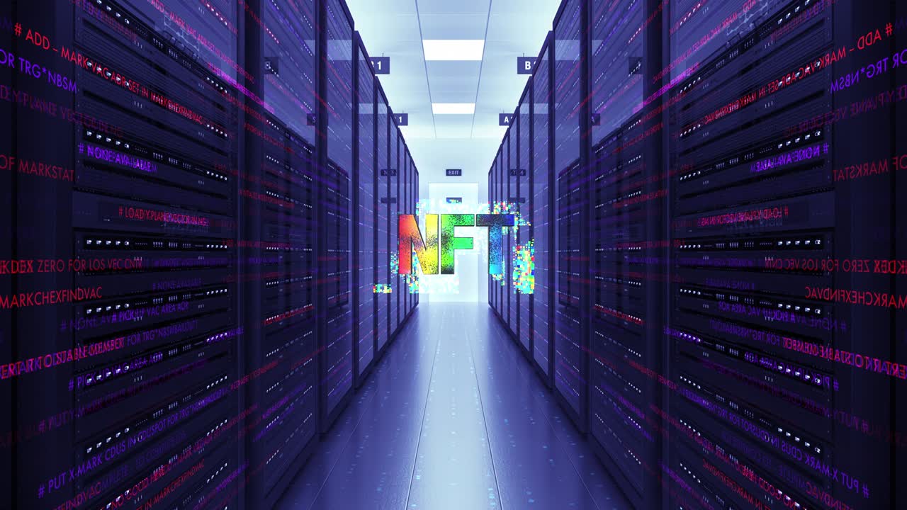 símbolo de token no fungible en el centro de datos futurista.
