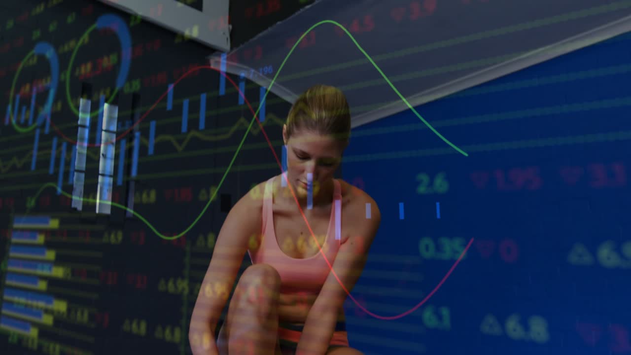 Woman leaning reaching laces, tying rising and walking to train while market charts overlaying her