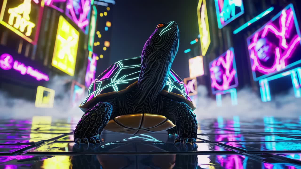 tortuga en una ciudad de neón
