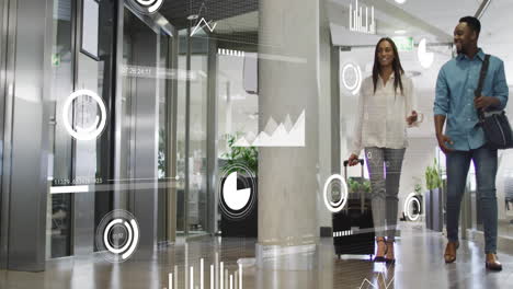 animación del procesamiento de datos estadísticos sobre hombres y mujeres diversos que discuten caminando en la oficina