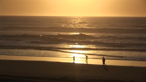 a man and two children play along the water's edge in the goldenhour