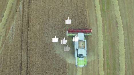combine harvester harvesting wheat field, kicking up dust, showing floating white thumbs-up icons