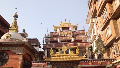 old-historic-buddhist-temples-in-durbar-square-In-Kathmandu,-Nepal-at-the-base-of-the-Himalayas