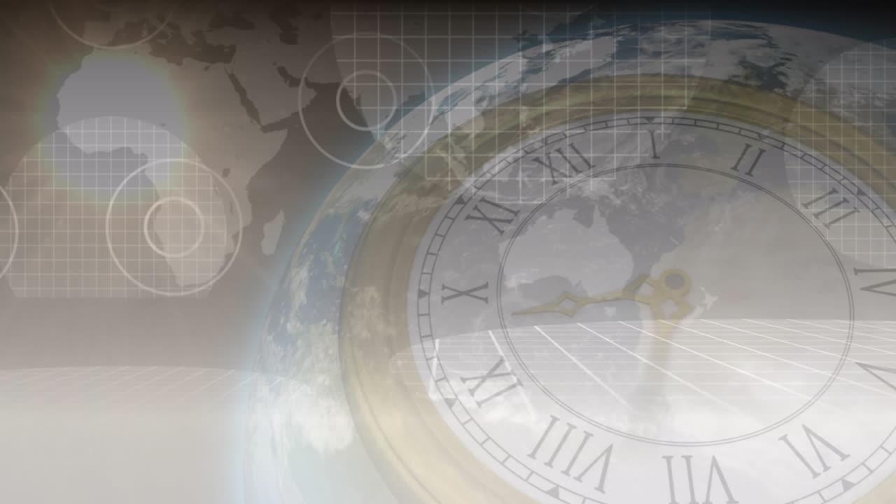 이동하는 손으로 시계의 애니메이션, 통신 허브와 함께 세계 지도