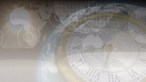 animation of clock with hands moving, over world map with communication hubs