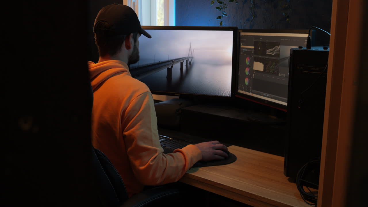 남성 컬러리스트의 뒤에서 촬영된 영화 영상의 컬러 교정 작업, 돌리 인