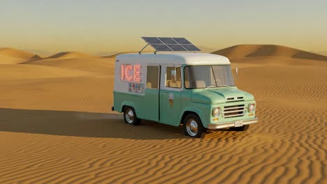 a vintage ice cream truck with solar panels drives through a vast desert landscape, offering refreshing treats under the sun's warmth in a unique ambience