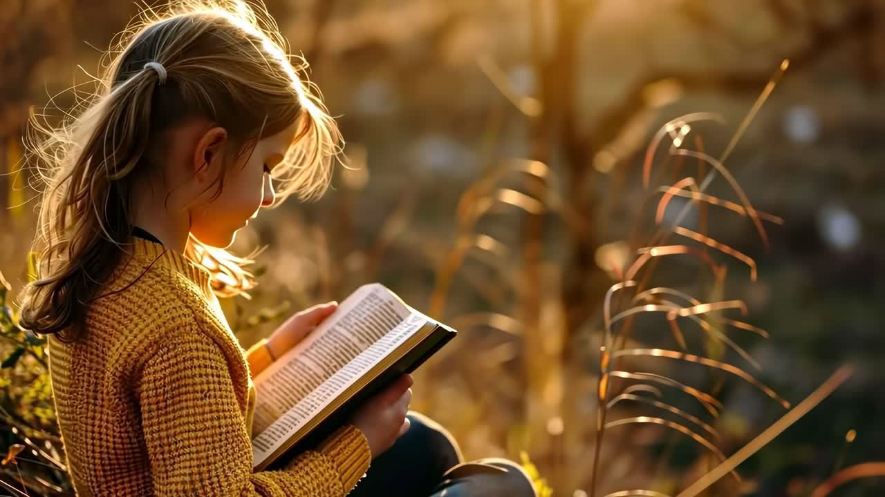 A serene video still of a girl reading a book outdoors, captured from a side angle with warm, golden