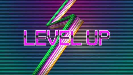 Animation-Von-Level-Up-Text-In-Rosa-Buchstaben-über-Neonblitz