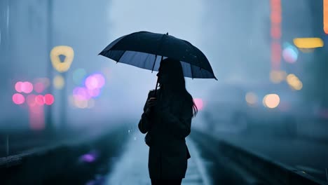 woman with umbrella in rainy city night