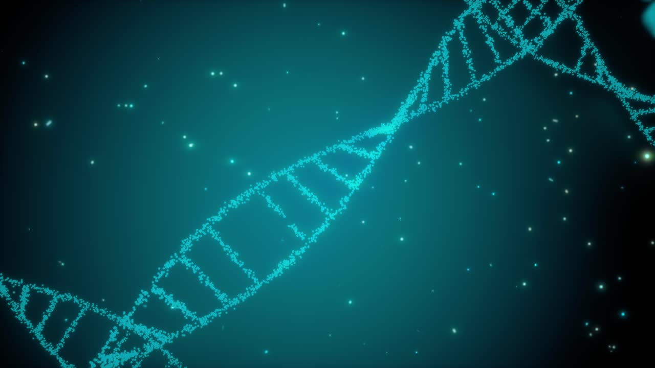 animación renderizada en 3d de una molécula de adn giratoria que brilla sobre un fondo azul. concepto de genética