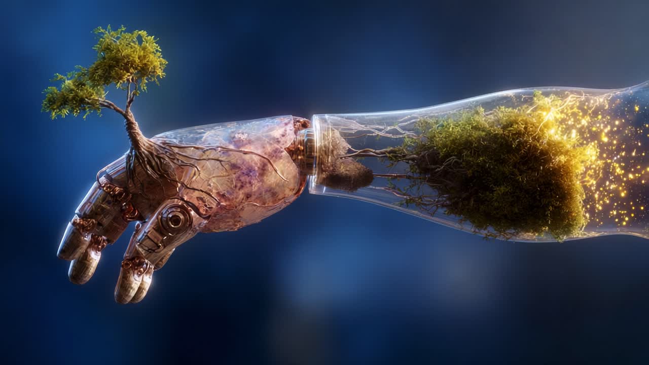 A Futuristic Vision of Nature and Technology: A Robotic Hand Nurturing a Tree and Emitting Bright Light, Symbolizing the Harmony Between Nature and Artificial Intelligence in a Unique Aesthetic