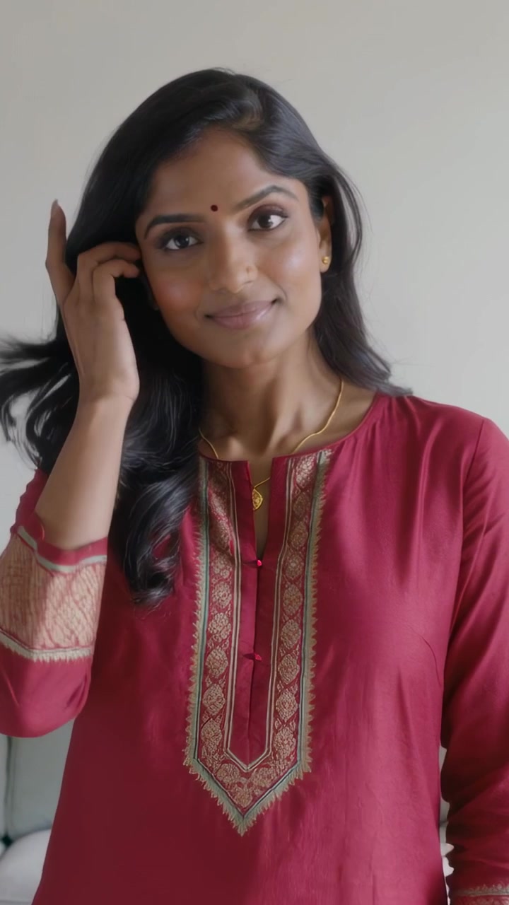 Video verticale: Donna indiana sorridente che si sistema i capelli dietro l'orecchio a casa, mostrando un kurta rosso e un bindi.