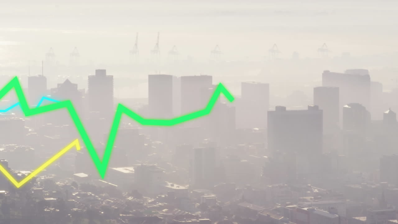 현대 도시 풍경 위로 이동하는 여러 선 그래프의 애니메이션