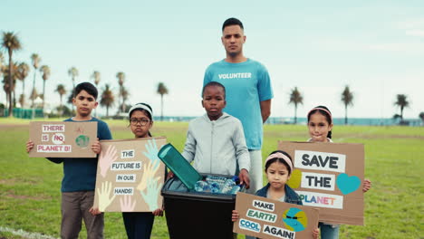 children, serious face and climate change protest