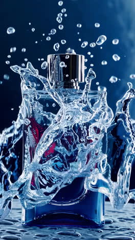 luxury perfume bottle with red liquid and water drops on cosmic background