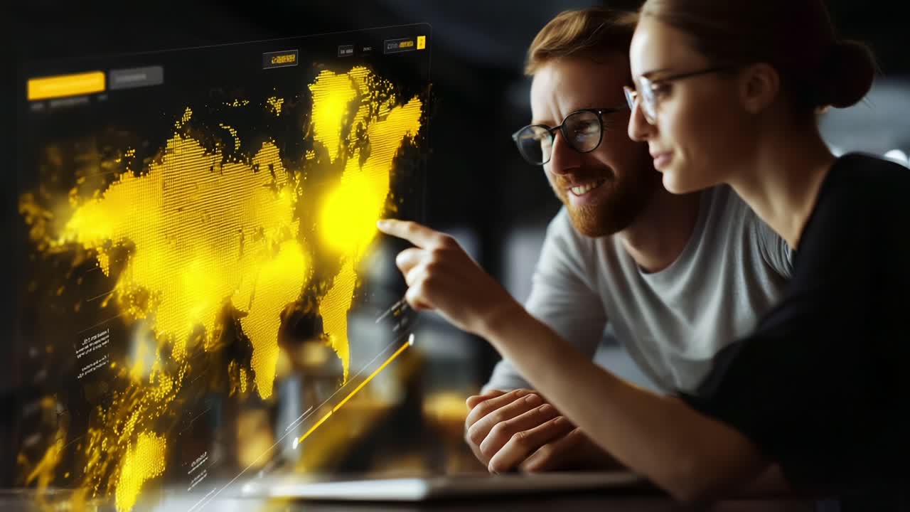 Engaged Professionals Analyzing Dynamic Data Visualization on Interactive Digital Map with Yellow Highlights and Modern Design in Collaborative Workspace Setting