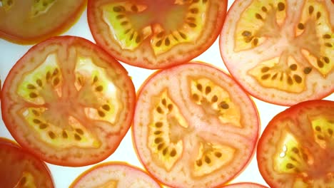 top view rotate of tomato slice on white background, close up fresh tomato sliced on white background and slowly rotating.