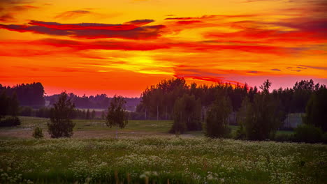 lapso de tiempo de 5k de cielo de color rojo durante la puesta de sol en un paisaje de bosque rural con niebla mística flotando entre los campos - nubes voladoras en un cielo dramático