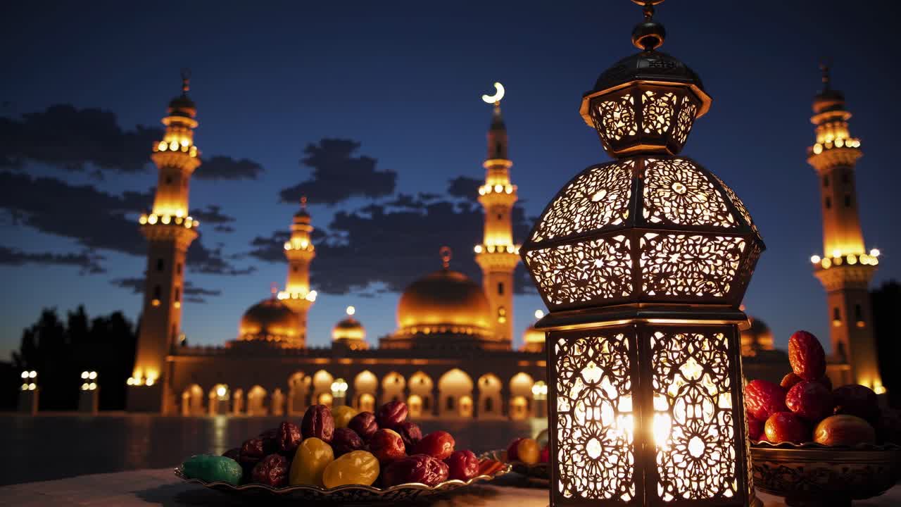 Low-angle video shot of ornate lanterns and fruit platters in the foreground, with illuminated