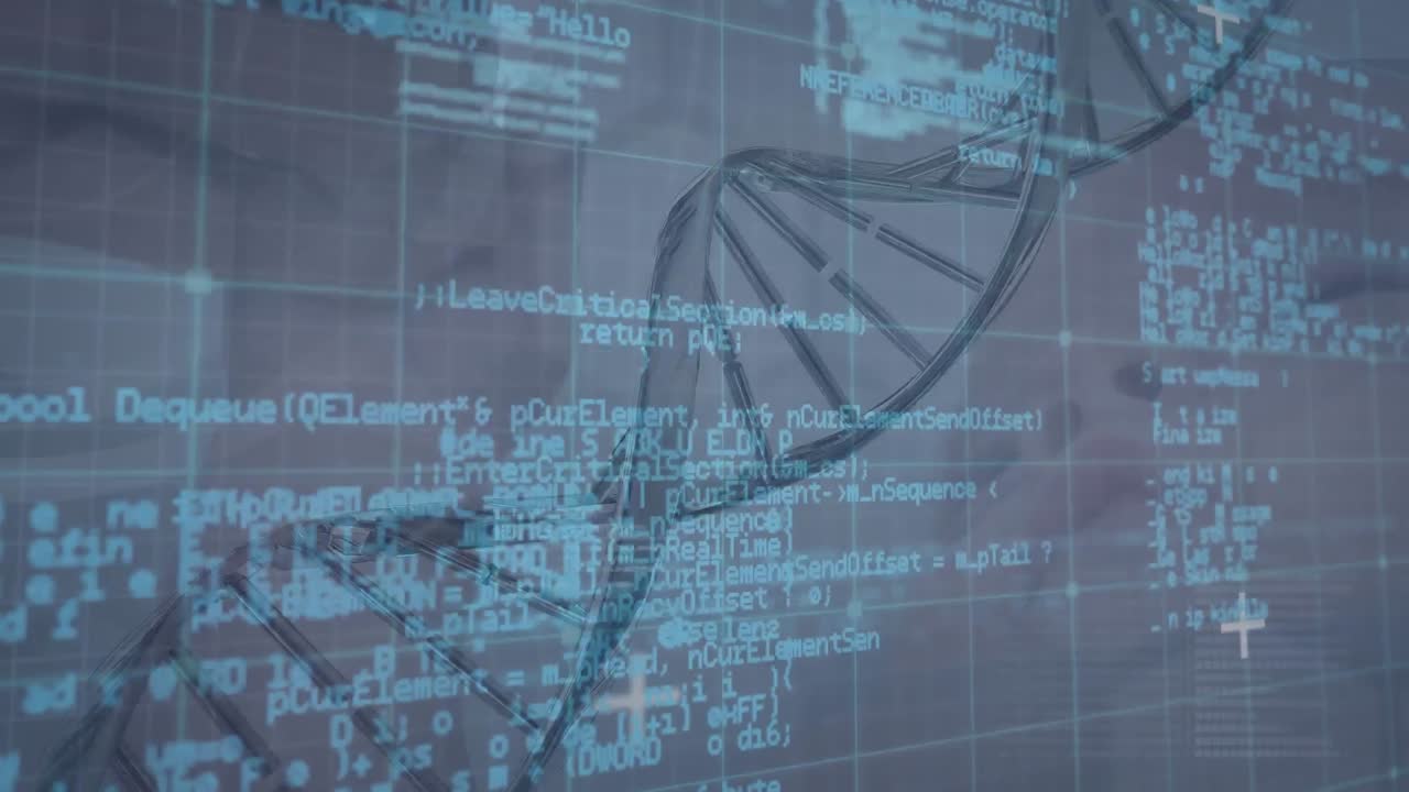 Animation of dna strand spinning over data processing and baby