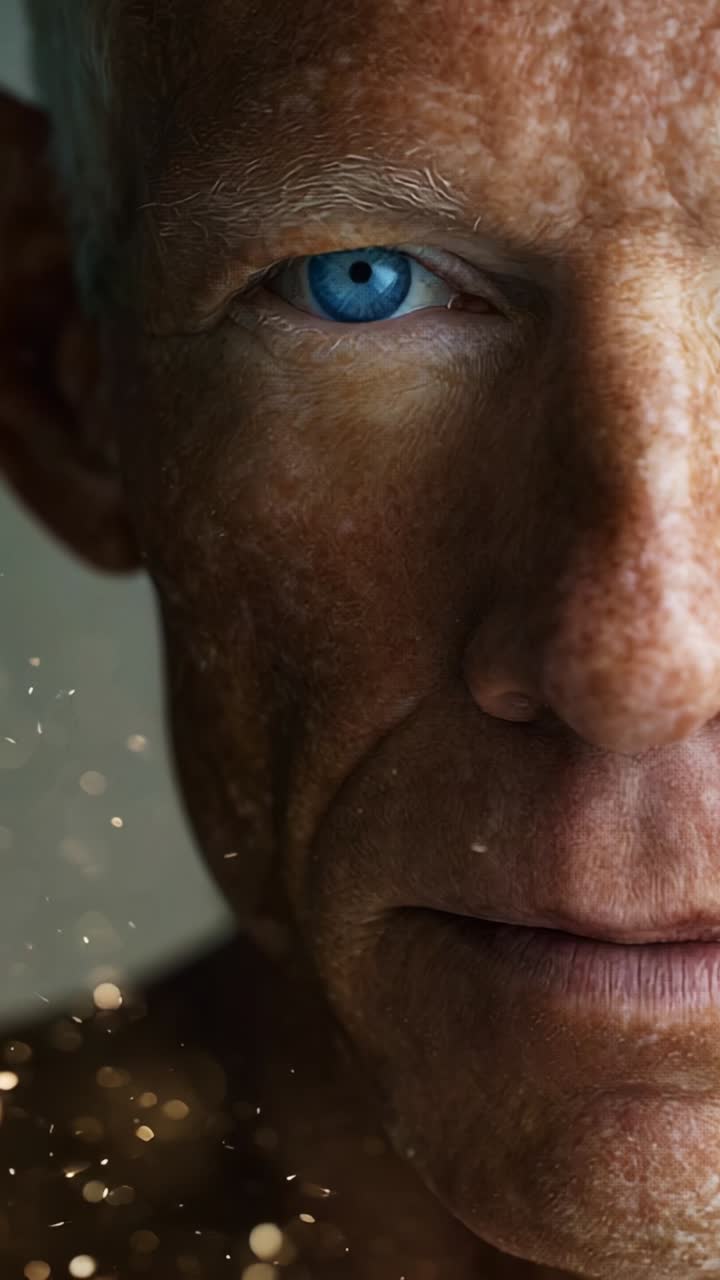 Close-up Portrait of a Mature Individual with Intense Blue Eyes and Textured Skin, Capturing Depth and Expression Layered with Subtle Sparkles
