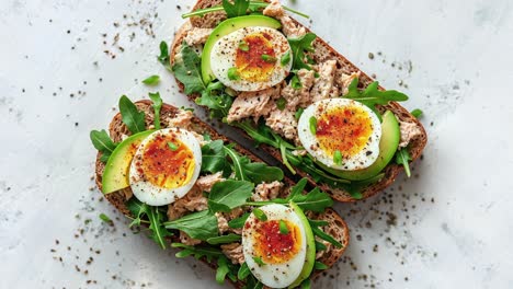 healthy open sandwiches with tuna, egg, avocado, and arugula