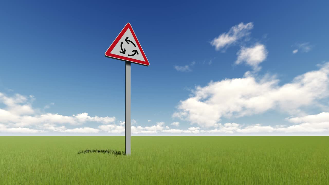 라운드아웃 앞 도로 표지판 현실적인 루프 애니메이션, 푸른 풀과 구름이 있는 은 날 시골, 은 프레임의 둥근 화살표와 함께 도로 안전 삼각형 정보 표지판