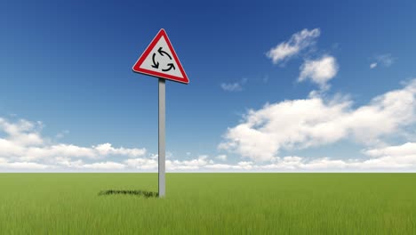 señal de carretera de rotonda adelante animación en bucle realista. campo de día soleado con hierba verde y nubes imágenes sin fisuras. señal de información triangular de seguridad vial con flechas redondas en video marco rojo