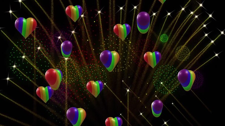 Animazione di cuori arcobaleno del Pride e fuochi d'artificio che esplodono su sfondo nero