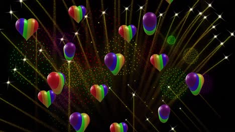 Animation-of-pride-rainbow-hearts-and-fireworks-exploding-on-black-background