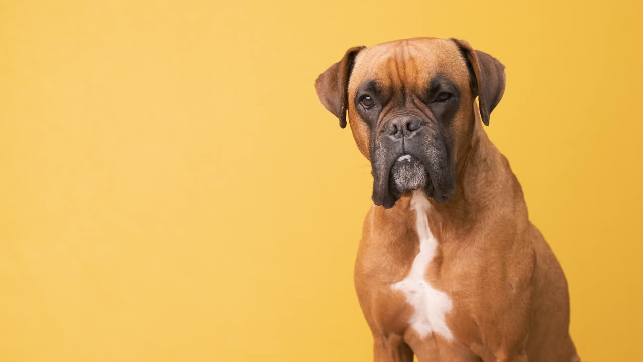 Cute boxer dog looking to the camera while standing over a yellow background