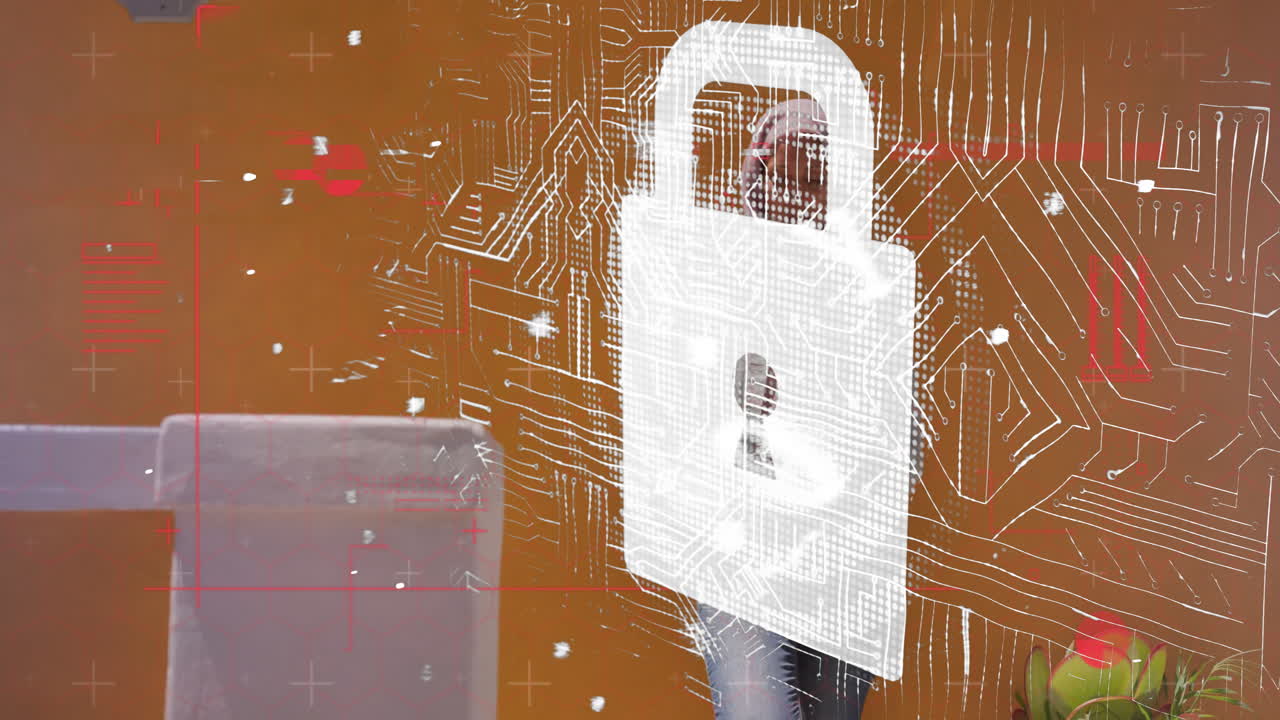 Using smartphone, woman with digital circuit animation on orange background