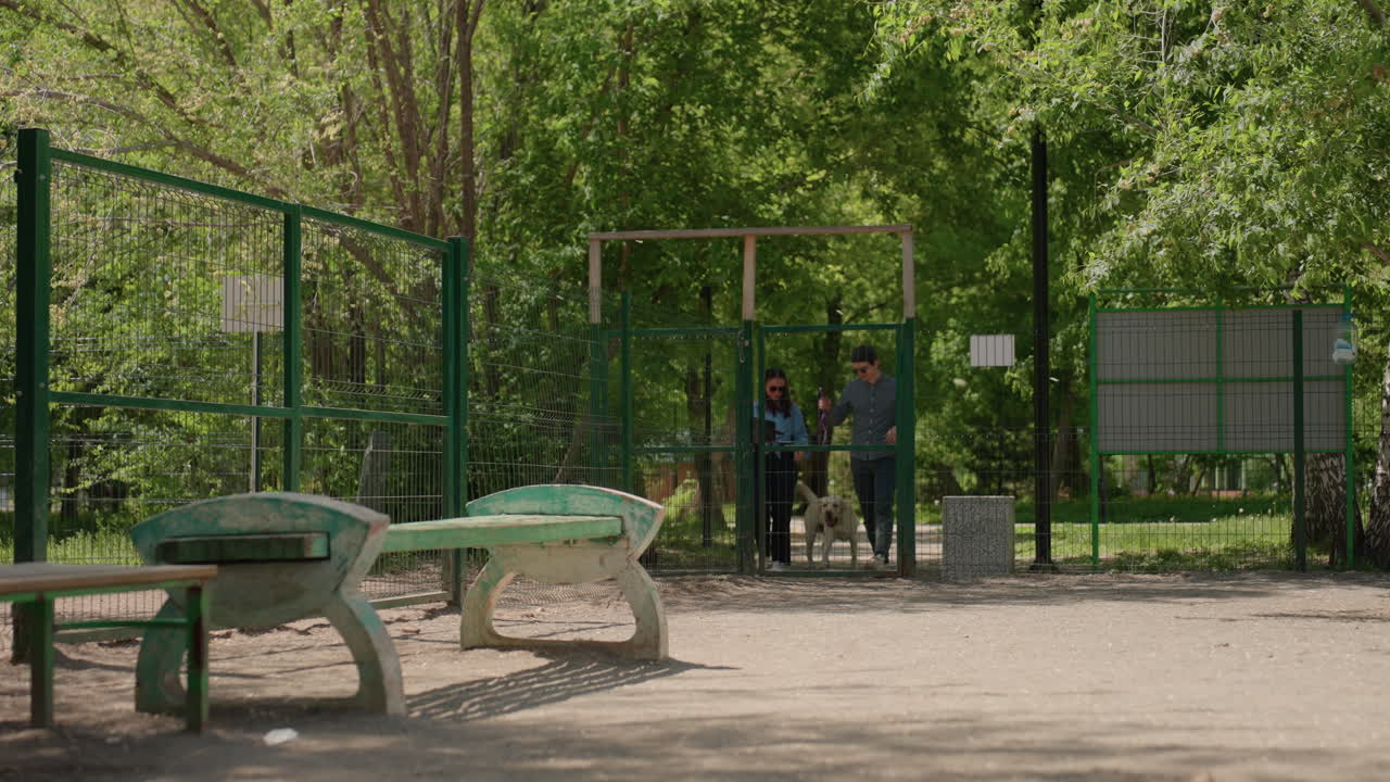 공원 내 강아지 구역, 공원에서 강아지와 함께 있는 커플, 커플과 목줄을 한 강아지가 있는 울타리가 쳐진 공원 구역, 흰색 커플이 좌석과 그늘이 있는 지역 공원의 울타리가 쳐진 강아지 구역에 접근하는 모습