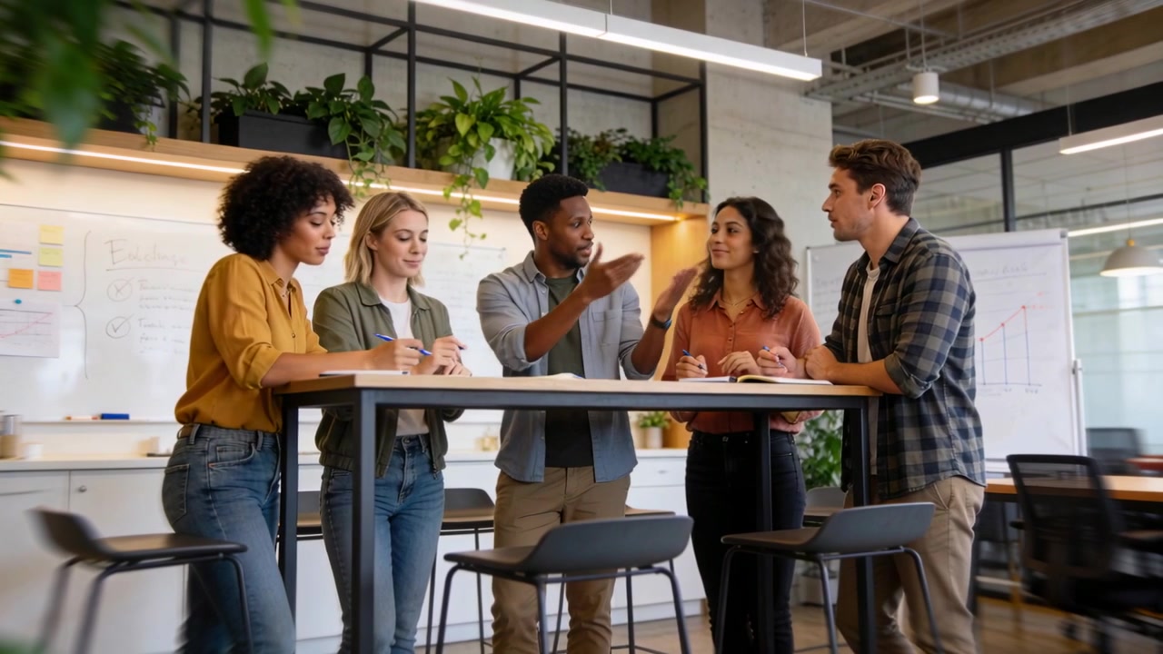 Pointing left casual peer opening exchange lead ceding turn team writing work notes at office table