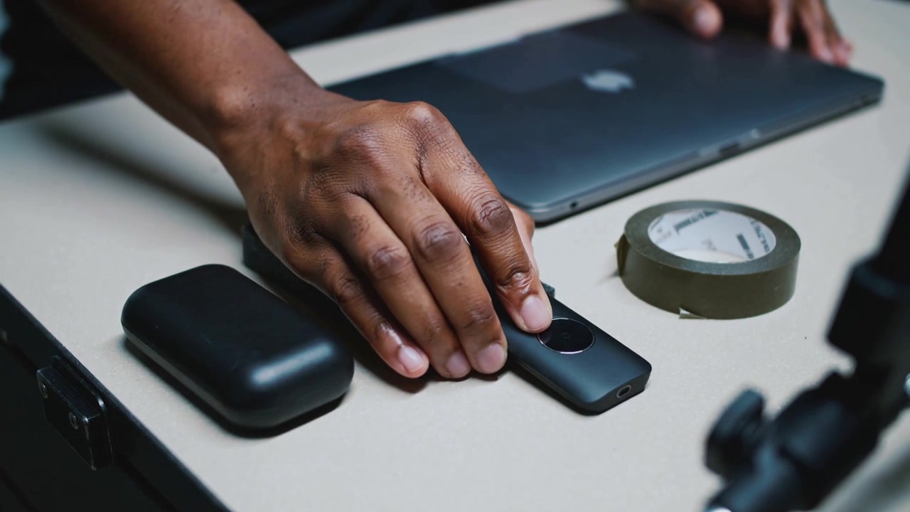 Reaching hand wearing dark shirt placing small black device at tabletop for alignment near foam