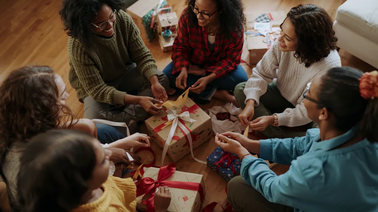 Gruppe på seks kvinder lægger mærke til en stor gaveæske og arrangerer røde og gule bånd i stuen
