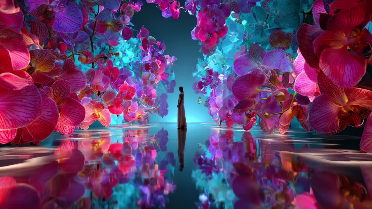 A Woman Amidst a Vibrant Orchid Garden