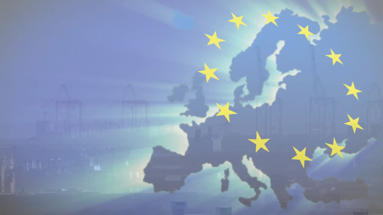 Silhouette del porto che sfuma, rivelando il contorno dell'Europa, con stelle dorate che appaiono e ruotano a simboleggiare l'unità.