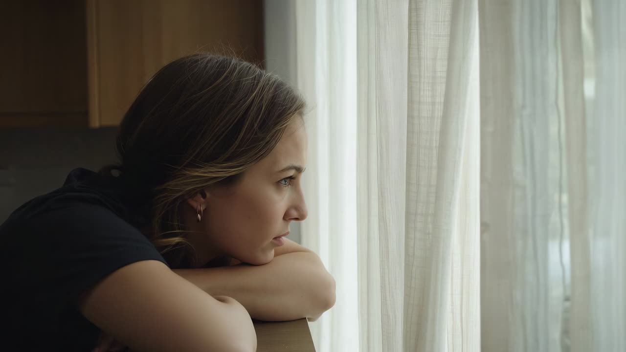 Mulher encostada, com o queixo apoiado nos braços, vestindo uma blusa escura no balcão, observando cortinas translúcidas enquanto espera.